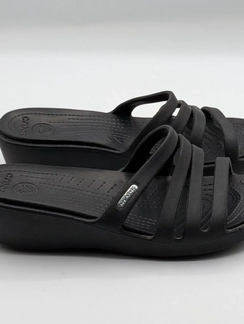 Crocs Size 7 $60 Black Huarache Strappy Comfort Slide Sandals Casual Lightweight